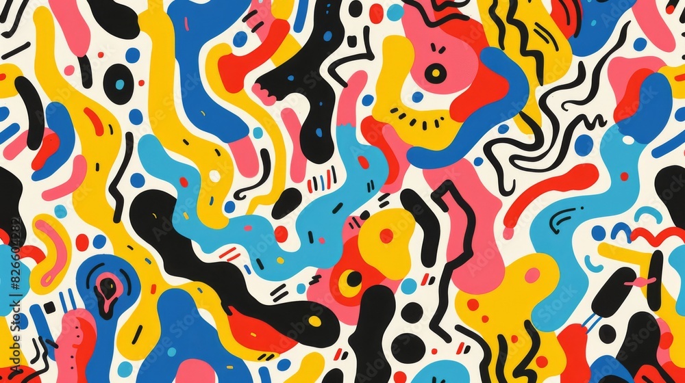 Poster funky abstract pattern with colorful shapes and squiggles