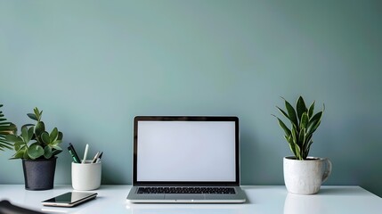 Fototapeta premium Cozy and Productive Laptop Workspace with Lush Greenery Accents