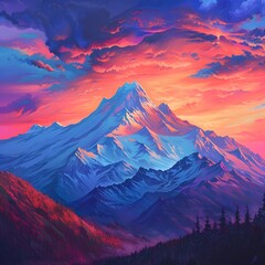 Majestic Snow Capped Mountain Peak Under Vibrant Sunset Sky with Dramatic Clouds