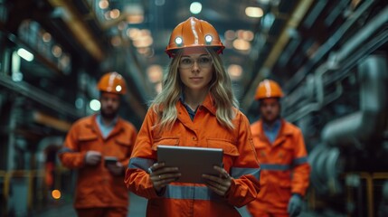 Three Diverse Multicultural Heavy Industry Engineers and Workers in Uniform Walk in Dark Steel Factory Using Flashlights on Their Hard Hats. Female Industrial Contractor is Using a Tablet Computer