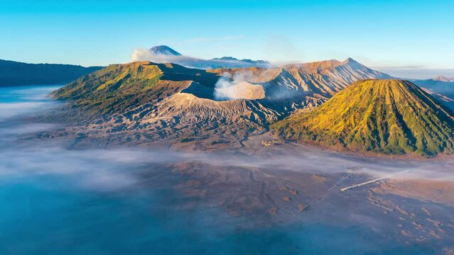 Hyper lapse Aerial view of Bromo volcano (Gunung Bromo) in the morning at Bromo Tengger Semeru National Park, East Java, Indonesia.