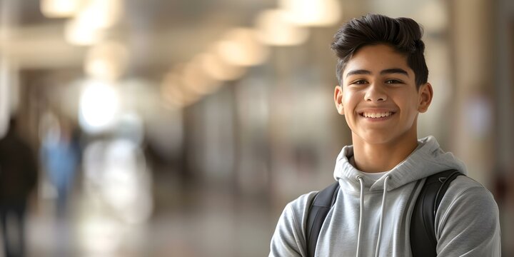 Smiling Hispanic teenager in school corridor represents learning and selfimprovement earnestly. Concept Education, Student Life, School Environment, Hispanic Culture, Self-Improvement