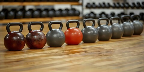 Row of kettlebells on wood floor essential for weightlifting and exercise. Concept Fitness equipment, Kettlebells, Weightlifting essentials, Home gym essentials, Exercise gear