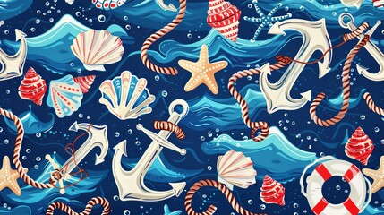 Nautical pattern with anchors, ropes, and seashells