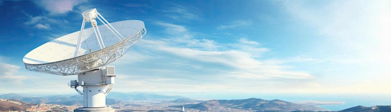Large satellite dish antenna under a clear blue sky in a mountainous region, representing communication and technology advancements.