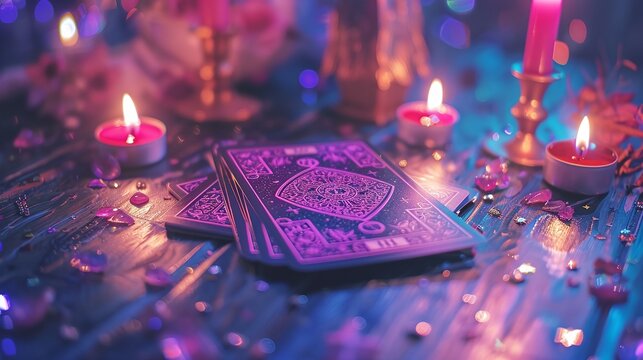 Tarot cards with candle light purple colors. The mystical tarot cards and the soft purple candlelight create a serene and spiritual atmosphere.