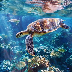 Obraz premium Majestic Sea Turtle Gliding Through Vibrant Coral Reef Underwater