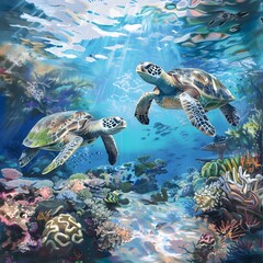 Stunning Underwater Seascape with Vibrant Coral Reef and Graceful Sea Turtles