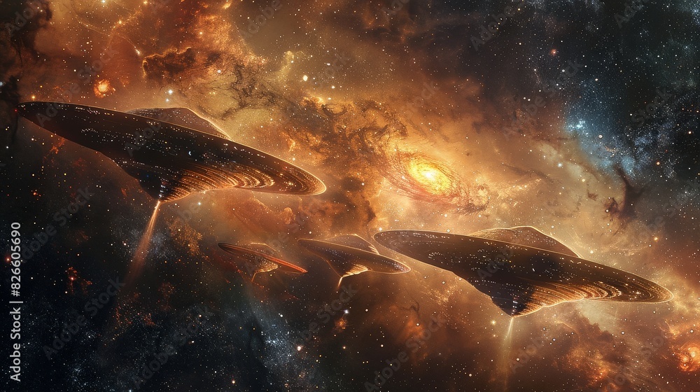Poster Multiple spaceships navigate through a vast space, surrounded by countless stars in motion.