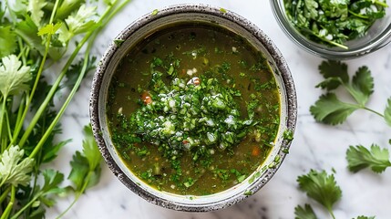 Top view of a healthy condiment recipe fresh salsa verde in a bowl with a green sauce made from fresh herbs spices and a chimichurri dipping sauce created with