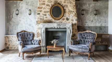 Two armchairs and a sofa near a fireplace in strict blue colours. French country interior design of a modern living room. The concept of a cosy, modern and respectable home.