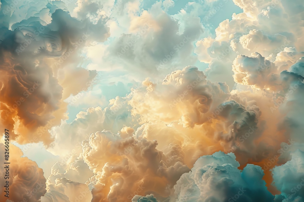 Poster summer clouds abstractly float, showcasing soft hues within various shapes