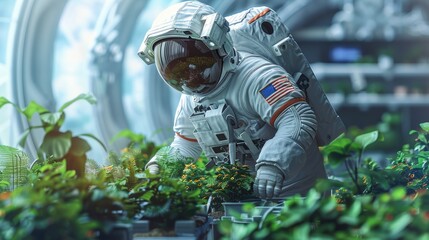 Agriculture technologies in space concept. Astronaut growing plants on spaceship. Since fiction, imagination about gardening on long interplanetary flights.