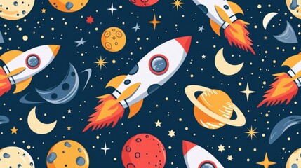Space pattern with rockets, stars, and moons