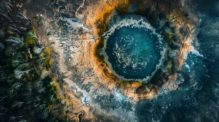 Stunning Aerial View of Dramatic Volcanic Crater Lake in Arid Desert Landscape