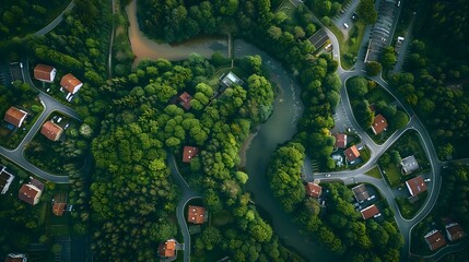 Naklejka premium Picturesque Aerial View of Quaint Riverside Village Nestled in Lush Forested Countryside