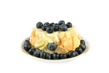 Meringue cake with blueberries isolated on white.
