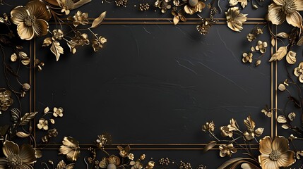 Elegant Gold Frame with Floral Accents on Black Background Luxurious and Classic Design for Invitations and Formal Announcements Ornamental Concept