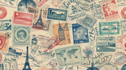 Naklejka premium Vintage travel stamps and postcards pattern