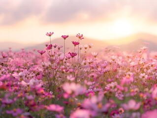 Vibrant Pink Floral Meadow at Sunset in Tranquil Natural Landscape