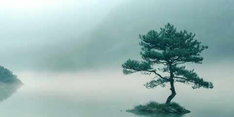 A tall tree stands strong in the mist symbolizing resilience and growth. Concept Resilience, Growth, Nature, Symbolism, Mist