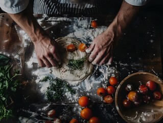 Chef s Hands Crafting Delicious Homemade Meal with Fresh Ingredients on Rustic Kitchen Workspace
