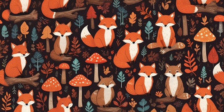 Autumnal seamless pattern, wallpaper, cute childish background design with cute animals and forest vegetation