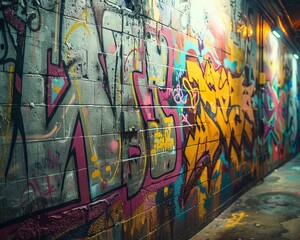 Urban graffitistyle wall art featuring a dynamic mix of vibrant spray paint colors
