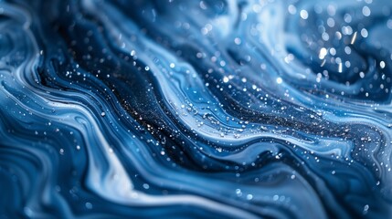 : A captivating marbled blue abstract scene with swirling patterns of indigo and cerulean, highlighted by sparkling silver and white accents.