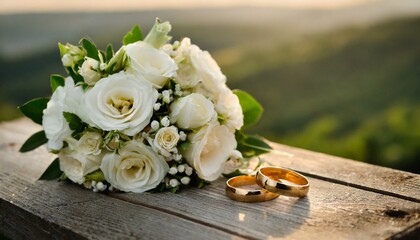 wedding symbol of two golden rings.white callas flowers