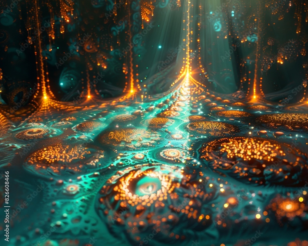 Poster mystical nodes radiating vibrant hues, adorned with intricate patterns, linked by shimmering beams o