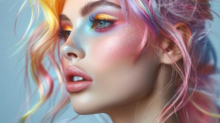 Beauty Fashion Model Girl with Colorful Dyed Hair. Girl with perfect Makeup and Hairstyle. Model with perfect Healthy Dyed Hair. Rainbow Hairstyles