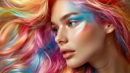 Beauty Fashion Model Girl with Colorful Dyed Hair. Girl with perfect Makeup and Hairstyle. Model with perfect Healthy Dyed Hair. Rainbow Hairstyles