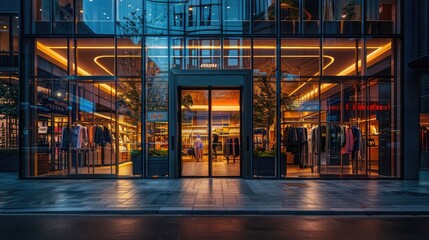 digital photography of a modern luxury fashion store front with glass windows, a modern interior...