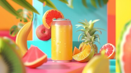Fototapeta premium Highlight the vibrant colors of a tropical fruit juice box and a trendy canned iced coffee