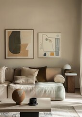 Minimalism, modern living room, abstract art paintings, white sofas, interior, room, sofa, furniture, wall, home, design, couch, living, house, floor, apartment, chair, lamp, contemporary,  table, arm