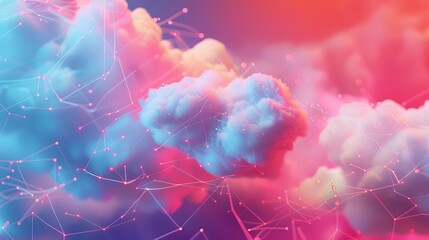 Illustration of a cloud network with a 3D model and an energetic, colorful design