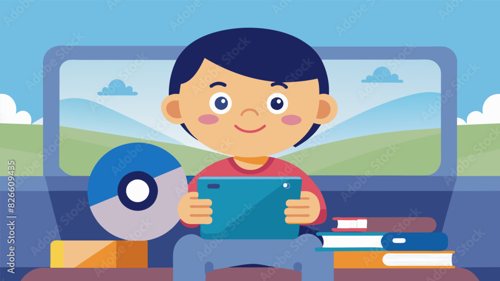 Poster during a road trip a toddler entertained with a favorite movie on a portable dvd player holding the 