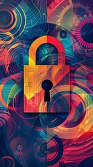 Illustration of a lock symbolizing risk management with colorful abstract patterns
