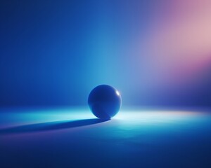 : A minimalistic deep blue gradient background featuring a floating, iridescent sphere emitting a faint light, casting subtle shadows on the grainy texture.
