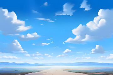 Obraz premium A vibrant sunset creates a colorful sky over a calm blue ocean. The sky is ablaze with orange, pink, and purple hues. The horizon separates the colorful sky from the dark blue ocean.