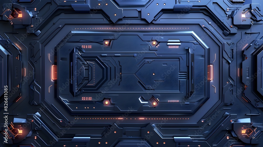 Poster futuristic metallic frame with dark blue gradient background for tech presentations and digital conc