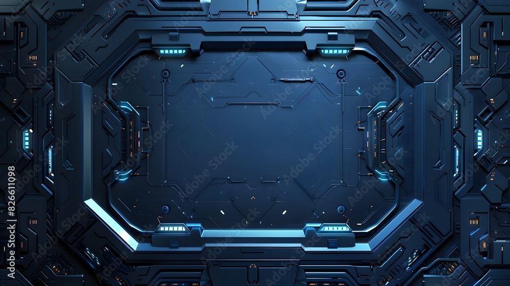 Poster futuristic metallic frame with dark blue gradient backdrop for tech presentations and concepts