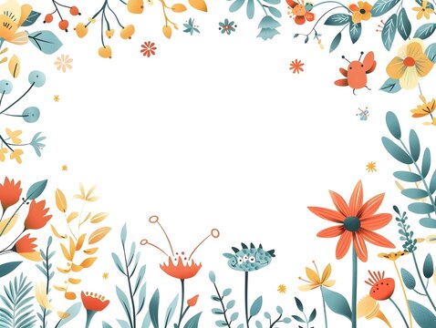 Colorful Floral Frame with Playful Hand Drawn Elements on White Background Great for Kids Events and