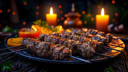 Grilled kebab on skewers with spices and orange slices on a dark background with burning candles