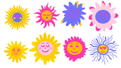 Sun collection of fantasy elements in cute fat style. Kids stickers, solar system, crazy happy emotions.
