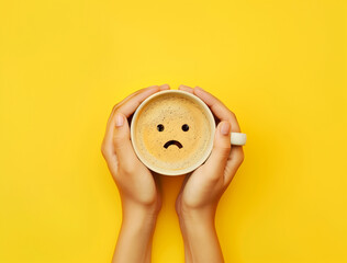 Sad Face Coffee Cup on Yellow Background (generative AI)
