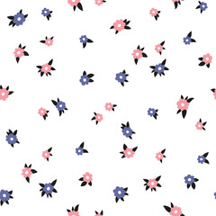Floral seampless vector pattern. Pretty bright flowers on white background. Meadow simple boho texture. Printing with small colorful flowers.