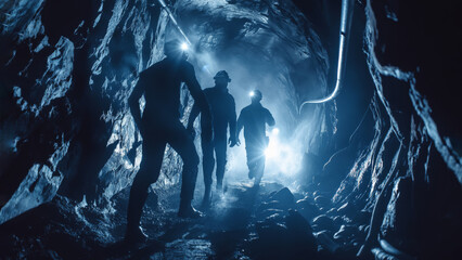 Miners with headlamps walking through dark underground tunnel. Silhouettes illuminated by blue...