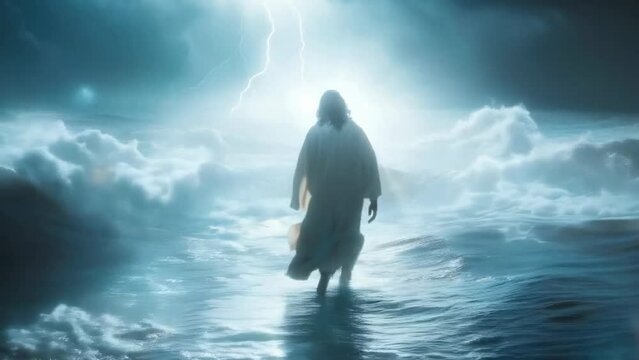 Jesus Christ walking on sea ocean water in storm - 4k new stock video footage animation AI